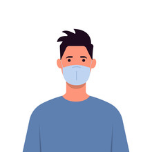 Young Man Wearing A Medical Mask To Prevent Illness, Flu, Air Pollution, Air Pollution, World Pollution. Vector Illustration In A Flat Style.