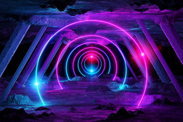 Wall Mural - Abstract background with blue and pink neon light circles reflecting on asteroid spaceship 3D rendering