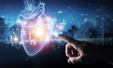Poster - Man hand using digital x-ray of human heart holographic scan projection 3D rendering