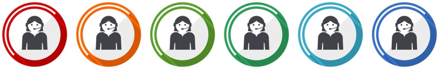 Poster - Call center icon set, flat design vector illustration in 6 colors options for webdesign and mobile applications