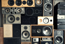 Music Sound Speakers Hanging On The Wall In Retro Vintage Style, Stacked Sound Boxes Modern