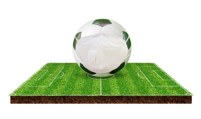 Wall Mural - Healthcare and CORONA Virus affect Concept : Soccer ball put on green artificial soccer field and wear protective masks to protect Corona virus or Covid-19.