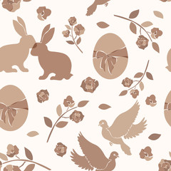 Wall Mural - Happy Easter seamless pattern of eggs, rabbit, pigeon, flower icons in brown pastel colors.