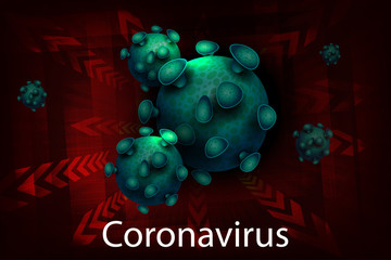 Red design with an abstract silhouette of elements of a green hue coronavirus. Sign of a coronavirus COVID-2019.