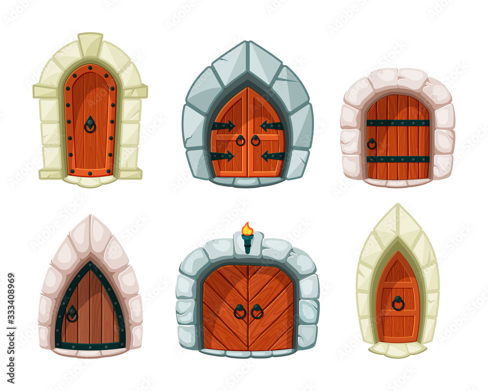 Medieval Exit Button medieval doors. wooden and rocks entrance gate and doors for castle ...