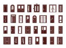 Doors. Interior And Exterior Objects Doors For Living Room And Different Buildings Entrance Or Exit Gate Vector Symbols
