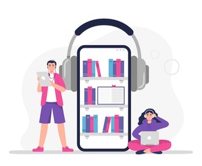 Man and woman listen to audiobooks. Vector concept in a modern flat style can be used on the web pages, apps, banners.