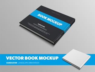 Aufkleber - Mockup of vector black book with horizontal blue insert hardcover landscape orientation, back view, isolated on gray background.
