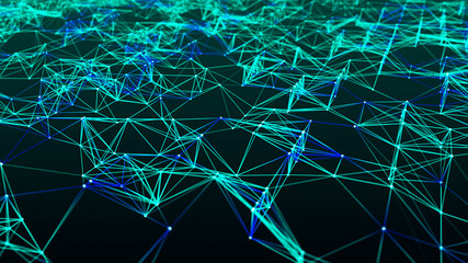 Poster - Network of bright connected dots and lines. Digital plexus of glowing lines and dots. Abstract background. 3D rendering.
