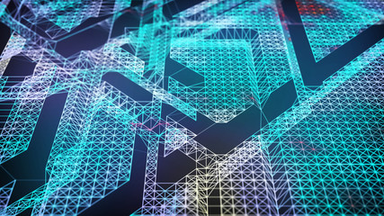Poster - Glowing particles. Cybernetic futuristic background. Big data visualization. Abstract perspective illustration. 3D rendering.