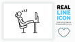 Editable real line icon of an employee stick figure sleeping on the job in his office chair with his feet on his desk with a computer on it in black modern lines on a clean white background in eps