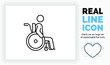 Editable real line icon of a old stick figure man in a wheelchair because of a disability in his health in modern black lines on a clean white background