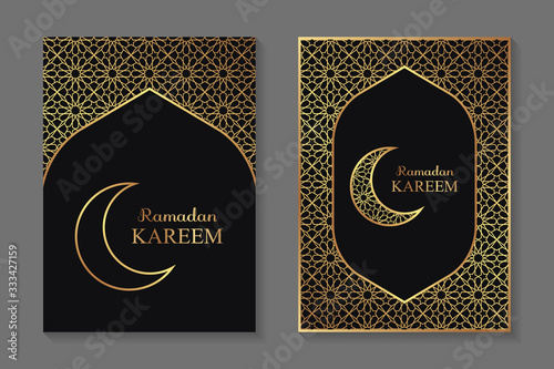 Fotomural Set of two greeting cards for ramadan with golden arabic traditional ornament on a black background