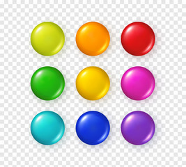 Button set isolated on transparent background. Vector plastic blank badge, pin brooch mockup. 3d circle shape magnet, tag or round metal label collection..