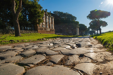 At the sixth mile along the Appia Antica, next to the Casal Rotondo Mausoleum there is an architectural brick structure adorned with fragments of white marble that belonged to a votive building. Rome.