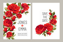 Wedding Invitation Card. Frame With Text And Flowers - Red Roses On White Background.