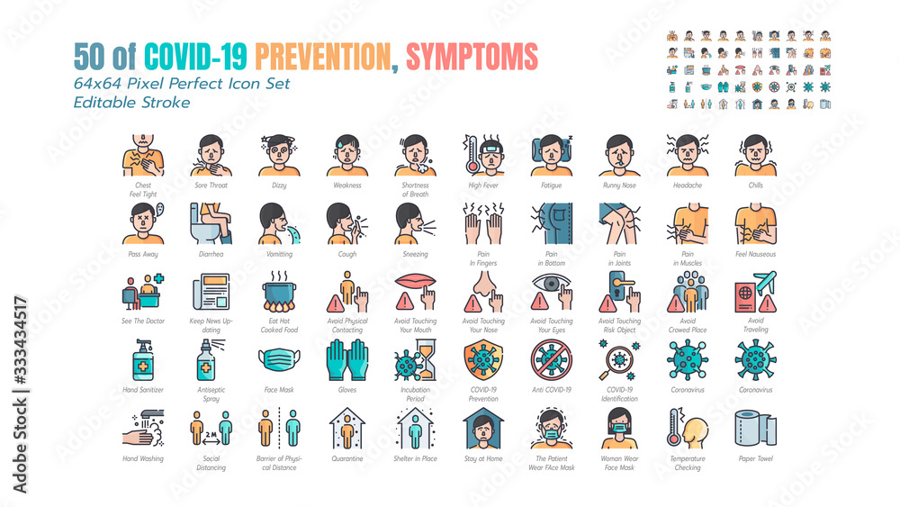 Simple Set of Covid-19 Prevention Filled Outline Icons. such Icons as Protective, Coronavirus, Social Distancing, Symptoms, Quarantine, Stay at Home, Hand Washing 64x64 Pixel Perfect. Editable Stroke. - obrazy, fototapety, plakaty 