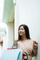 Wall Mural - young happy smiling asian woman with shopping bags