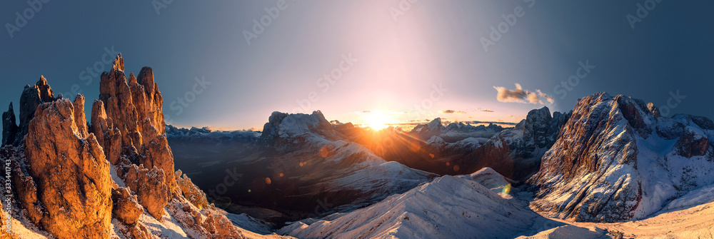 Panorama with amazing sunrise in south tyrol - obrazy, fototapety, plakaty 