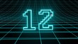 © Simon - Number 12 in neon glow cyan on grid background, isolated number 3d render