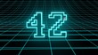 Number 42 in neon glow cyan on grid background, isolated number 3d render