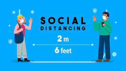 social distancing concept vector illustration. men and female keep stand 2 meters apart in public to