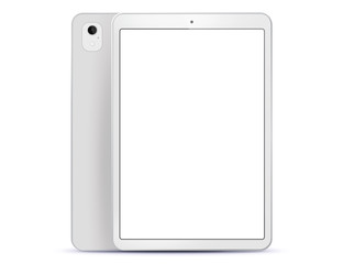 Poster - white tablet computer front and back side view. vector illustration with white screen.