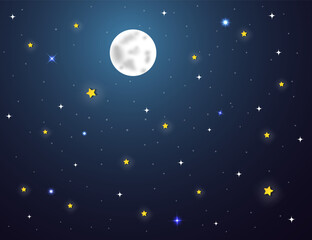 night sky with stars and moon. paper art style.vector of a crescent moon with stars on a cloudy nigh