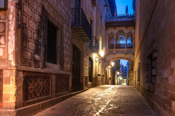 Fototapete - Narrow cobbled medieval Carrer del Bisbe street with Bridge of Sighs in Barri Gothic Quarter in the morning, Barcelona, Catalonia, Spain