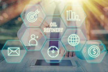 Poster - Word writing text Oil Refinery. Business photo showcasing industrial process of converting crude oil into petroleum