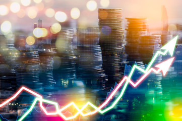 Stock market digital graph chart on LED display concept. A large display of daily stock market price and quotation. Indicator financial forex trade education background.  coins for finance concept