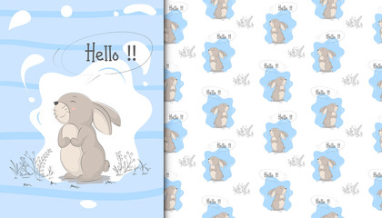 Wall Mural - Greeting card of rabbit and baby pattern in the white backdrop