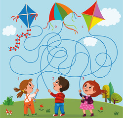 Wall Mural - Maze game for children contains one boy, two girls and kites in the landscape. Vector illustration. 