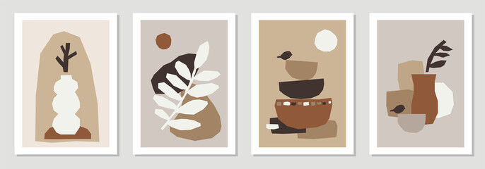 set of minimal posters with abstract organic shapes composition in trendy contemporary collage style