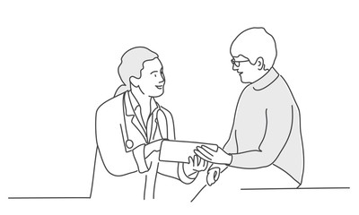 Sticker - Hand drawn vector illustration of doctor with female patient.