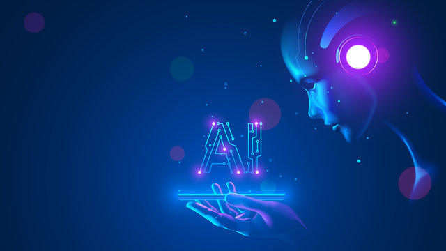 Cyborg woman look at logo AI hanging over phone. Abbreviation AI consists pcb elements. Artificial intelligence with beautiful face in blue virtual cyberspace leaning towards at screen smartphone.