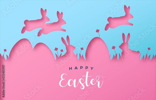 Cuadros en Lienzo Happy easter colorful paper cut rabbit egg card