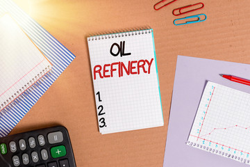 Poster - Text sign showing Oil Refinery. Business photo text industrial process of converting crude oil into petroleum Striped paperboard notebook cardboard office study supplies chart paper