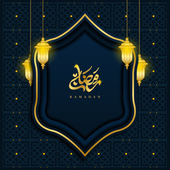 Ramadan Square Banner Vector with Dark Blue and Gold Color