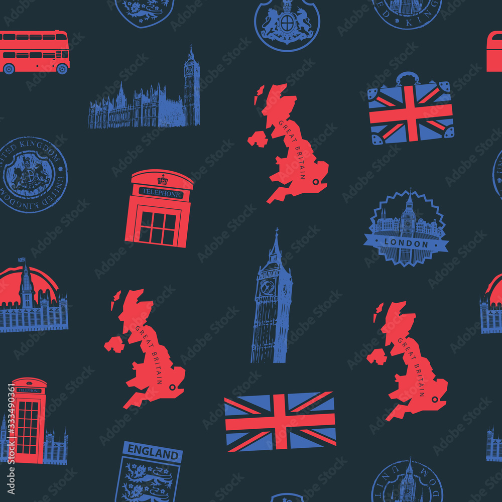 Vector seamless pattern on UK and London theme with British symbols ...