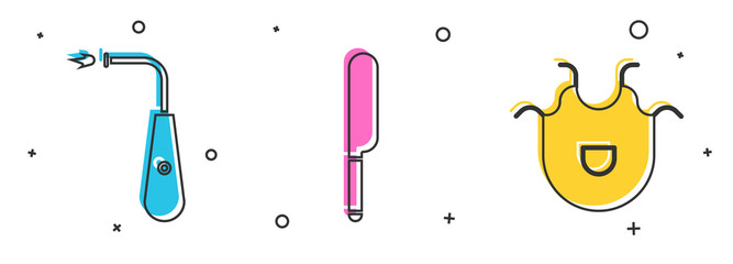 Sticker - Set Long electric lighter, Knife and Kitchen apron icon. Vector