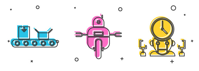 Poster - Set Conveyor belt with cardboard box, Robot and Robot and digital time manager icon. Vector