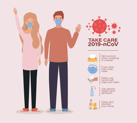 Wall Mural - Avatar woman and man take care 2019 ncov virus vector design