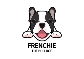 Wall Mural - Adorable Full Color French Bulldog Face Logo Mark. Cute chubby frenchie in good mood is waiting for his snack.