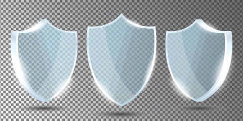 Aufkleber - Glass shields set on transparent background in front and side view. Acrylic security shield or plexiglass plates with gleams and light reflections. Concept of award trophy or safety. Vector