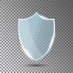 Aufkleber - Glass shield in front view. Blue acrylic security shield or plexiglass plate with gleams and light reflections. Concept of award trophy or safety on transparent background. Vector illustration.