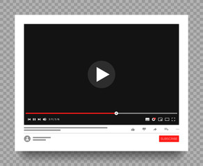 Poster - Interface of multimedia player of social media. Website page with playing video or video channel. Mockup on transparen background with shadow. Vector illustration.