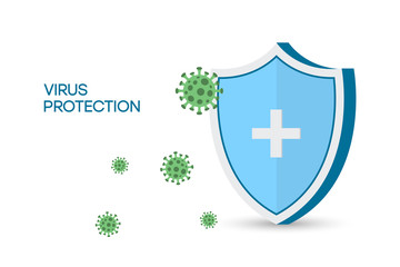 Security shield for virus protection. Coronavirus, 2019-nCoV safety concept. Shield and virus cells. Concept of vaccine, medicine, antibiotic. Vector illustration.