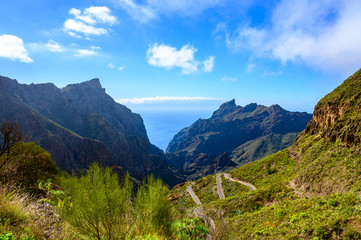 Difficult accessible hidden in mountains and ravines small scenery village Masca, Tenerife, Canary islands, Spain