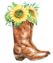  Watercolor Cowboy Boots With Sunflowers.